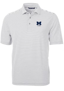 Mens Michigan Wolverines Grey Cutter and Buck Alumni Virtue Eco Pique Stripe Short Sleeve Polo S..