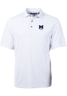 Mens Michigan Wolverines White Cutter and Buck Alumni Virtue Eco Pique Tile Short Sleeve Polo Sh..