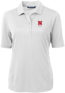 Cutter and Buck Nebraska Cornhuskers Womens White Alumni Virtue Eco Pique Short Sleeve Polo Shir..