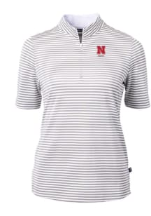 Womens Nebraska Cornhuskers Grey Cutter and Buck Alumni Virtue Eco Pique Stripe Short Sleeve Pol..