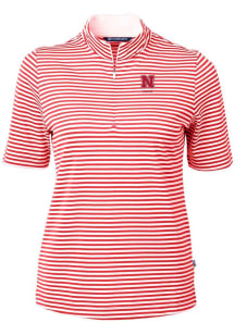 Womens Nebraska Cornhuskers Red Cutter and Buck Alumni Virtue Eco Pique Stripe Short Sleeve Polo..