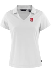 Cutter and Buck Nebraska Cornhuskers Womens White Alumni Daybreak V Neck Short Sleeve Polo Shirt