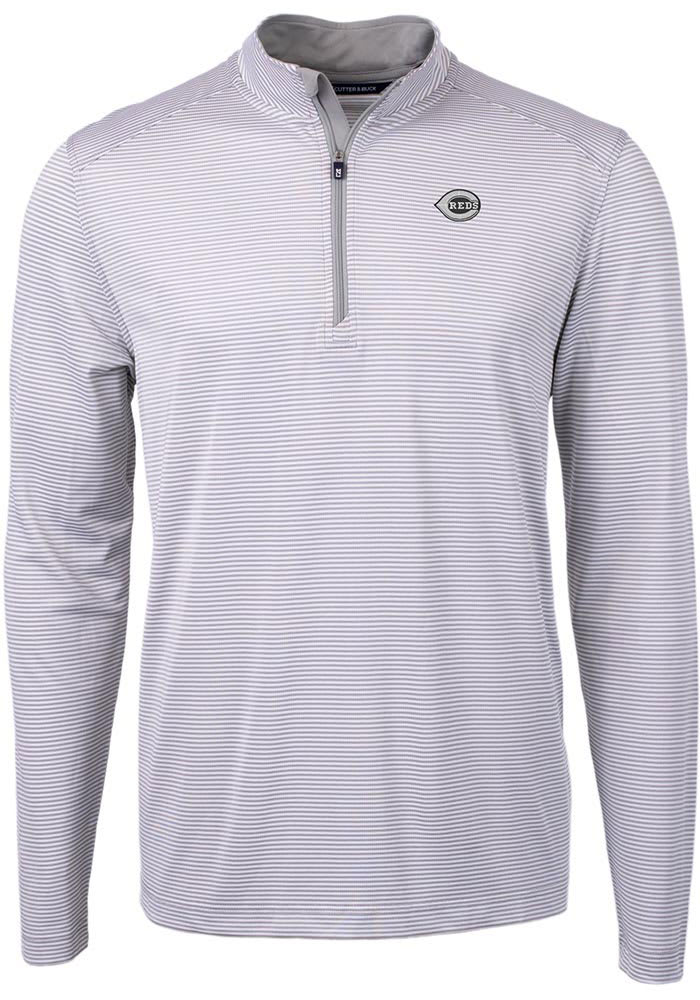 Cutter and Buck Cincinnati Reds Mens Grey Mono Virtue Eco Pique Stripe Big Tall 1/4 Zip Pull..