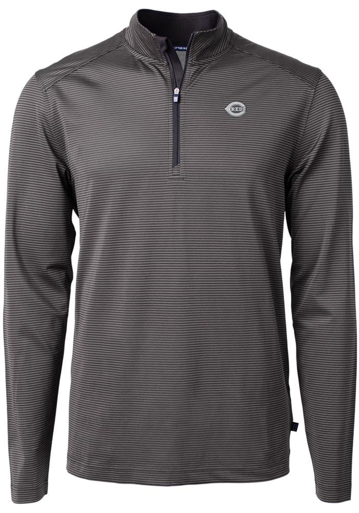 Cutter and Buck Cincinnati Reds Mens Black Mono Virtue Eco Pique Micro Stripe Long Sleeve Qtr Zi..