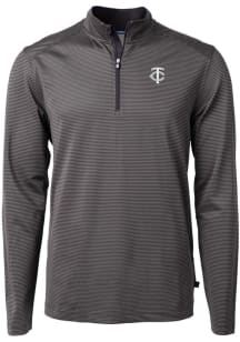 Cutter and Buck Minnesota Twins Mens Black Mono Virtue Eco Pique Micro Stripe Long Sleeve Qtr Zi..