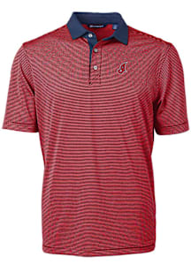 Cutter and Buck Cleveland Guardians Mens Red Cooperstown Virtue Eco Pique Micro Stripe Short Sleev..