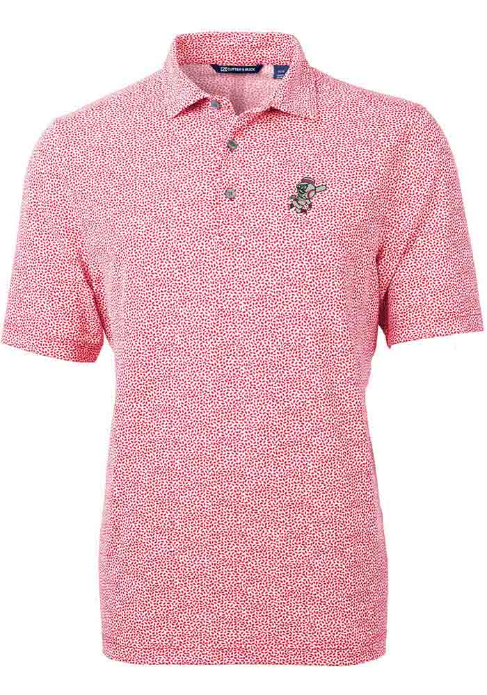 Cutter and Buck Cincinnati Reds Mens Red Cooperstown Virtue Eco Pique Botanical Short Sleeve Pol..