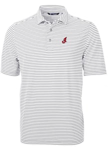 Cutter and Buck Cleveland Guardians Mens Grey Cooperstown Virtue Eco Pique Stripe Short Sleeve Pol..
