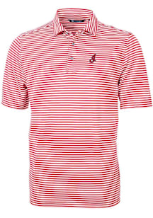 Cutter and Buck Cleveland Guardians Mens Red Cooperstown Virtue Eco Pique Stripe Short Sleeve Polo