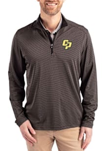 Cutter and Buck Cal Poly Mustangs Mens Black Virtue Eco Pique Micro Stripe Long Sleeve Qtr Zip Pul..