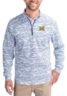 Mens Michigan Wolverines Blue Cutter and Buck Traverse Camo Qtr Zip Pullover