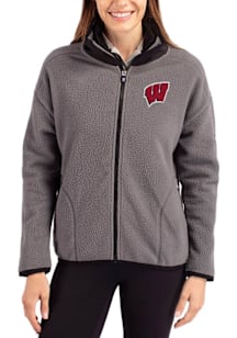 Cutter and Buck Wisconsin Badgers Womens Grey Cascade Sherpa Long Sleeve Full Zip Jacket