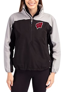 Womens Wisconsin Badgers Black Cutter and Buck Charter Eco Long Sleeve Pullover