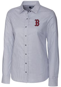 Cutter and Buck Boston Red Sox Womens Stretch Oxford Stripe Long Sleeve Grey Dress Shirt