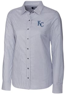 Cutter and Buck Kansas City Royals Womens Stretch Oxford Stripe Long Sleeve Grey Dress Shirt