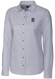Cutter and Buck Detroit Tigers Womens Stretch Oxford Stripe Long Sleeve Grey Dress Shirt