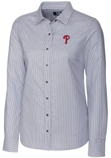 Cutter and Buck Philadelphia Phillies Womens Stretch Oxford Stripe Long Sleeve Grey Dress Shirt