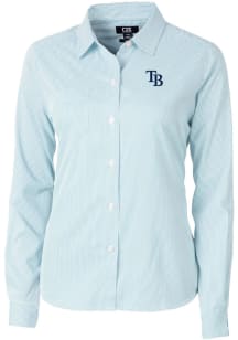 Cutter and Buck Tampa Bay Rays Womens Versatech Pinstripe Long Sleeve Light Blue Dress Shirt