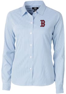 Cutter and Buck Boston Red Sox Womens Versatech Pinstripe Long Sleeve Blue Dress Shirt