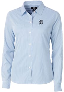 Cutter and Buck Detroit Tigers Womens Versatech Pinstripe Long Sleeve Blue Dress Shirt