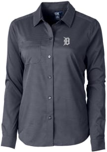 Cutter and Buck Detroit Tigers Womens Versatech Geo Long Sleeve Navy Blue Dress Shirt