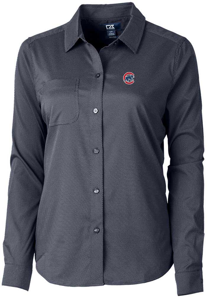 Chicago Cubs Cutter & Buck Versatech Pinstripe Stretch Womens Long Sleeve Dress Shirt