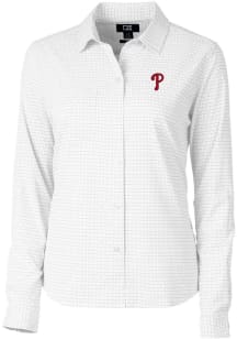 Cutter and Buck Philadelphia Phillies Womens Versatech Tattersall Long Sleeve Grey Dress Shirt
