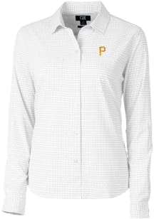 Cutter and Buck Pittsburgh Pirates Womens Versatech Tattersall Long Sleeve Grey Dress Shirt