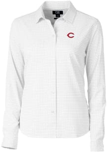 Cutter and Buck Cincinnati Reds Womens Versatech Tattersall Long Sleeve Grey Dress Shirt