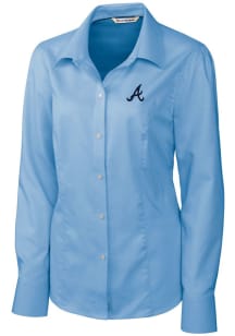 Cutter and Buck Atlanta Braves Womens Epic Easy Care Nailshead Long Sleeve Light Blue Dress Shir..