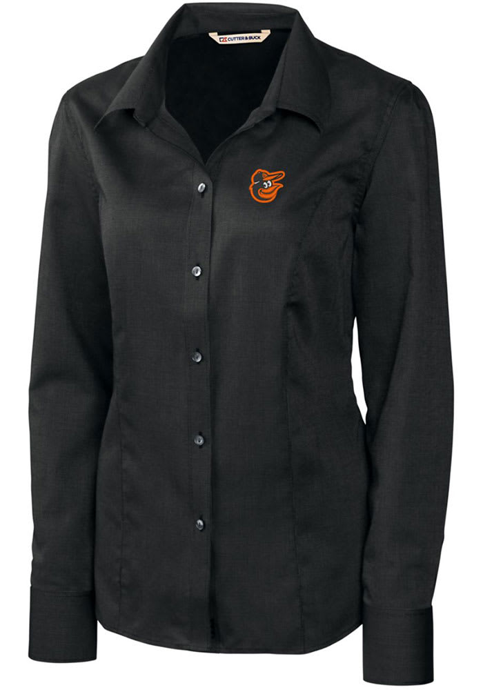 Cutter and Buck Baltimore Orioles Womens Epic Easy Care Nailshead Long Sleeve Black Dress Shirt