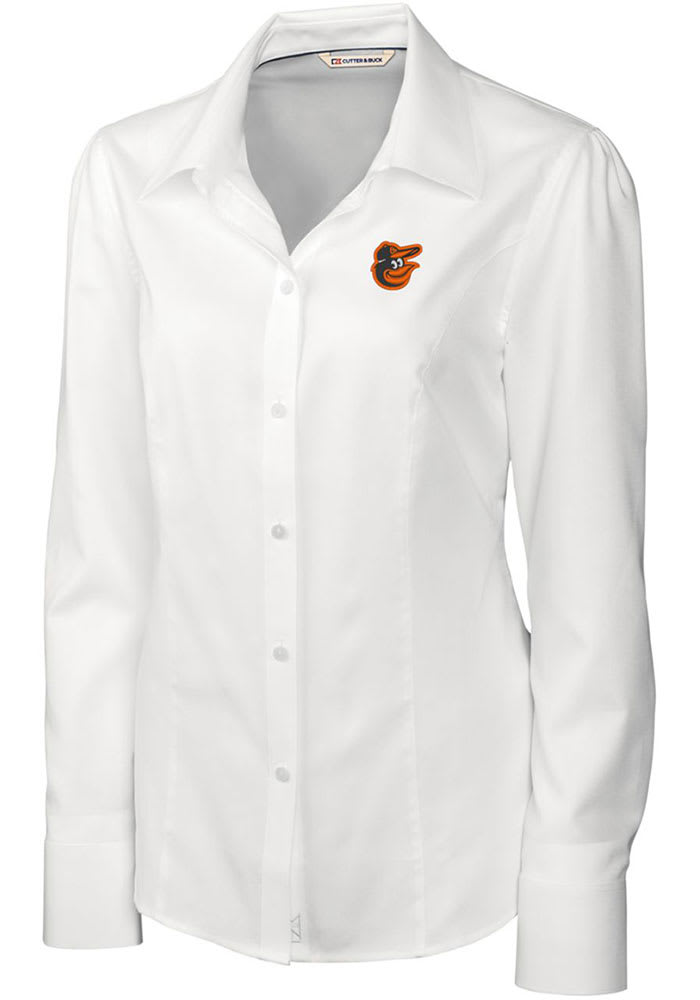 Cutter and Buck Baltimore Orioles Womens Epic Easy Care Nailshead Long Sleeve White Dress Shirt