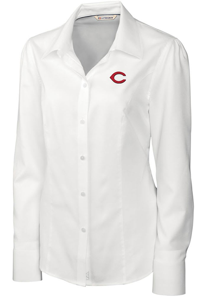Cutter and Buck Cincinnati Reds Womens Epic Easy Care Nailshead Long Sleeve White Dress Shirt