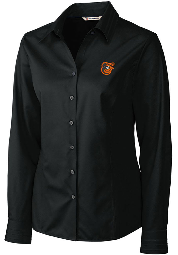Cutter and Buck Baltimore Orioles Womens Epic Easy Care Fine Twill Long Sleeve Black Dress Shirt
