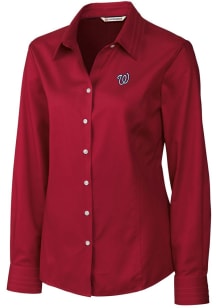 Cutter and Buck Washington Nationals Womens Epic Easy Care Fine Twill Long Sleeve Red Dress Shir..