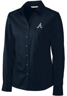 Cutter and Buck Atlanta Braves Womens Epic Easy Care Fine Twill Long Sleeve Navy Blue Dress Shir..