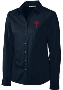 Cutter and Buck Philadelphia Phillies Womens Epic Easy Care Fine Twill Long Sleeve Navy Blue Dre..