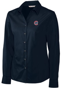 Cutter and Buck Chicago Cubs Womens Epic Easy Care Fine Twill Long Sleeve Navy Blue Dress Shirt