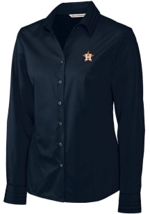 Cutter and Buck Houston Astros Womens Epic Easy Care Fine Twill Long Sleeve Navy Blue Dress Shir..