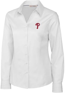 Cutter and Buck Philadelphia Phillies Womens Epic Easy Care Fine Twill Long Sleeve White Dress S..
