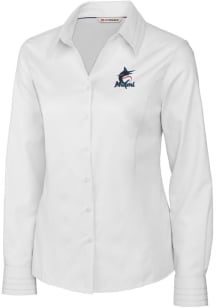 Cutter and Buck Miami Marlins Womens Epic Easy Care Fine Twill Long Sleeve White Dress Shirt
