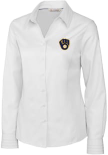 Cutter and Buck Milwaukee Brewers Womens Epic Easy Care Fine Twill Long Sleeve White Dress Shirt