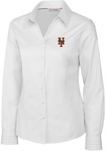 Cutter and Buck New York Mets Womens Epic Easy Care Fine Twill Long Sleeve White Dress Shirt