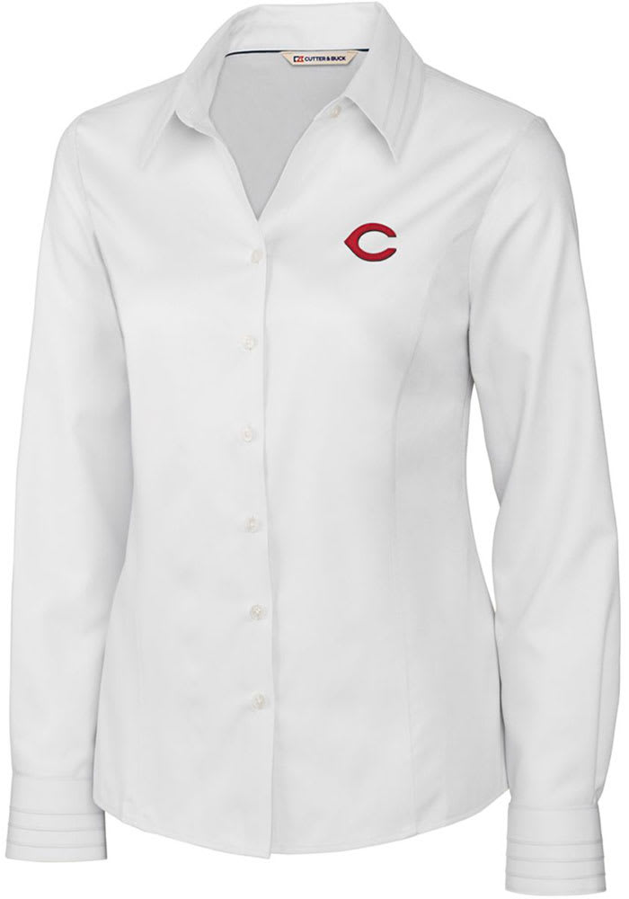 Cutter and Buck Cincinnati Reds Womens Epic Easy Care Fine Twill Long Sleeve White Dress Shirt