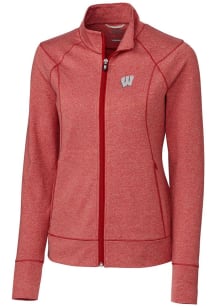 Cutter and Buck Wisconsin Badgers Womens Red Shoreline Heathered Long Sleeve Full Zip Jacket