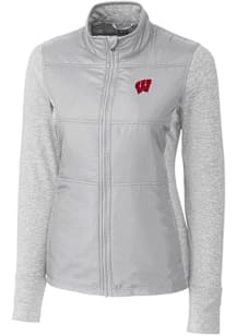 Womens Wisconsin Badgers Grey Cutter and Buck Stealth Hybrid Quilted Medium Weight Jacket