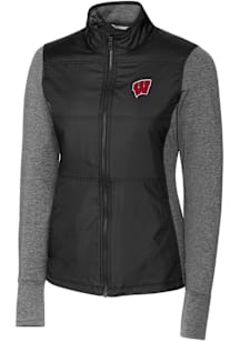 Womens Wisconsin Badgers Black Cutter and Buck Stealth Hybrid Quilted Medium Weight Jacket