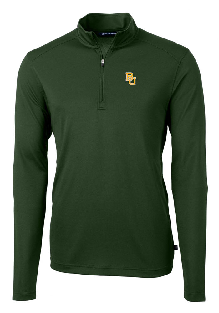 Cutter and Buck Baylor Bears Mens Green Virtue Eco Pique Long Sleeve 1/4 Zip Pullover
