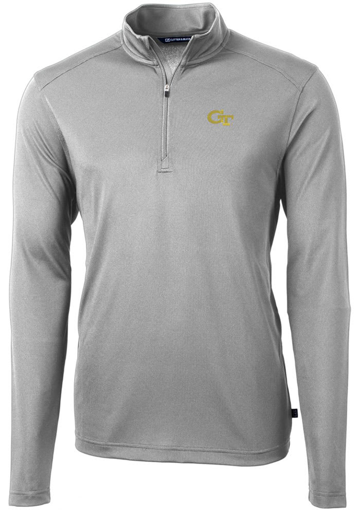 Cutter and Buck GA Tech Yellow Jackets Mens Grey Virtue Eco Pique Long Sleeve 1/4 Zip Pullover
