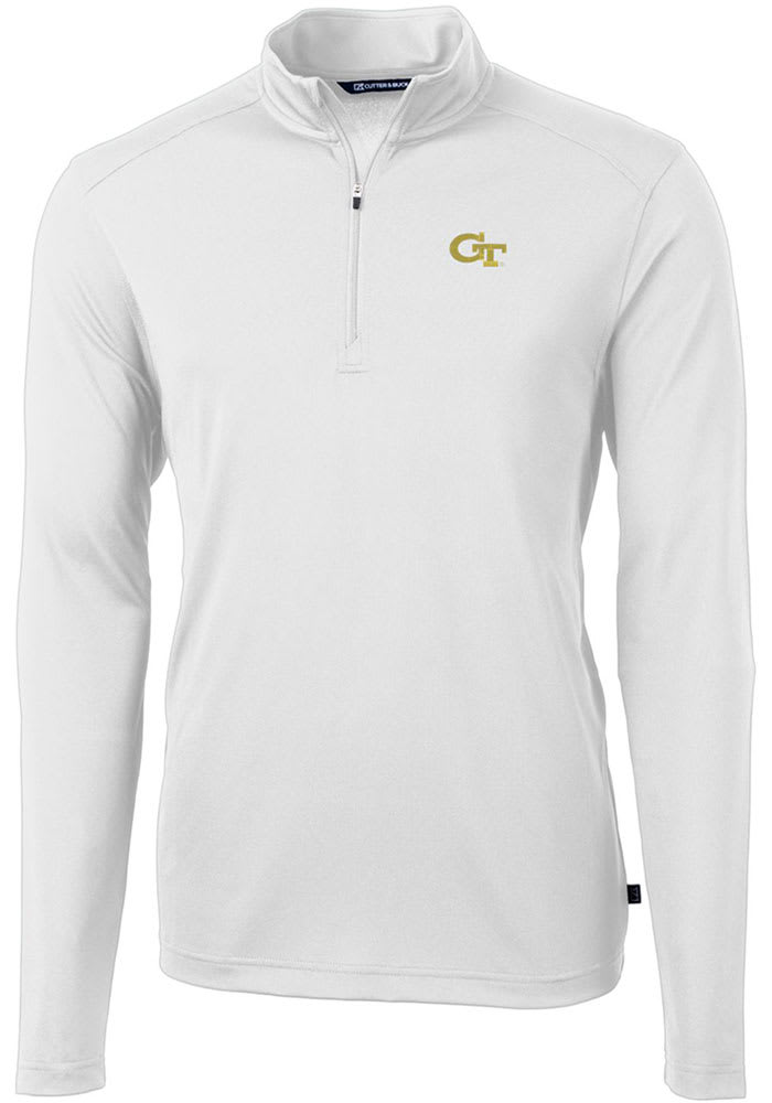 Cutter and Buck GA Tech Yellow Jackets Mens White Virtue Eco Pique Long Sleeve 1/4 Zip Pullover